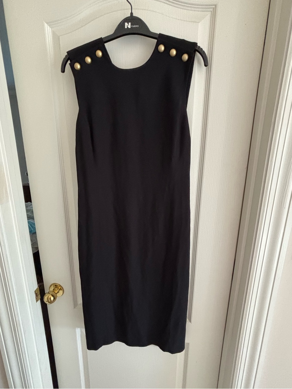 VTG Liz Claiborne sz 8 Black Midi Dress with Gold Shoulder Buttons 80s 90s y2k